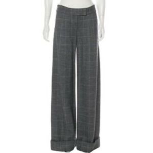 Diane Von Furstenburg Grey Wool Windowpane Corazon Wide Leg Pants
